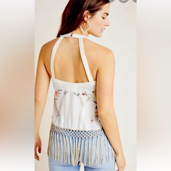 ANTHROPOLOGIE EMBROIDERED BIRDS FUN FLORAL PRINT FRINGE GATSBY HALTER STYLE … - Picture 4 of 14